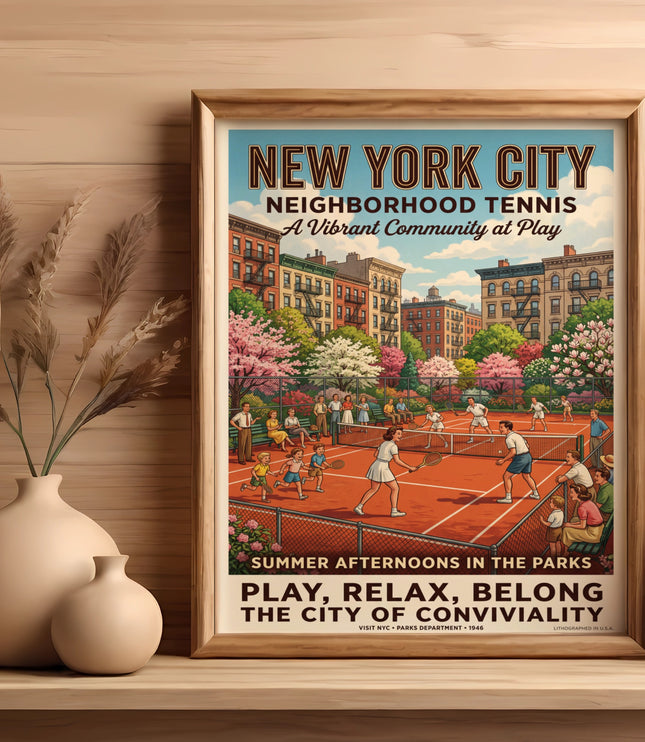 Vintage New York City Neighborhood Tennis illustration with people playing tennis and text.