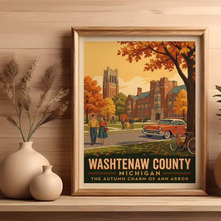 Washtenaw County Michigan autumn charm Ann Arbor illustration with vintage car and couple.