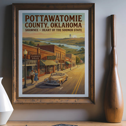 Pottawatomie County, Oklahoma poster featuring Shawnee's historic downtown.