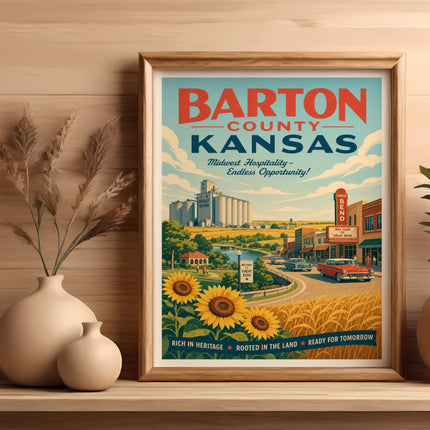 Barton County Kansas travel poster with sunflowers and wheat field.