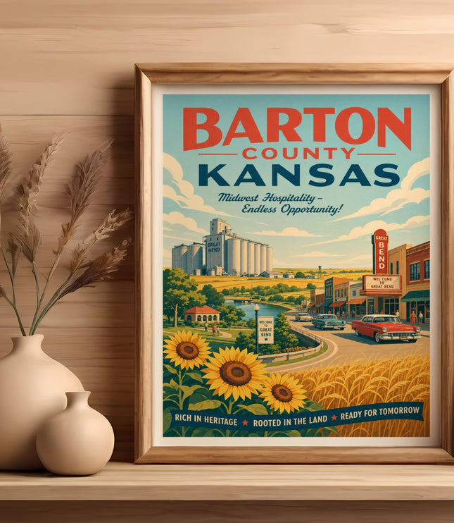 Barton County Kansas travel poster with sunflowers and wheat field.