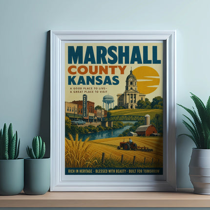 Marshall County Kansas vintage travel poster with town buildings, train, and farm scene.