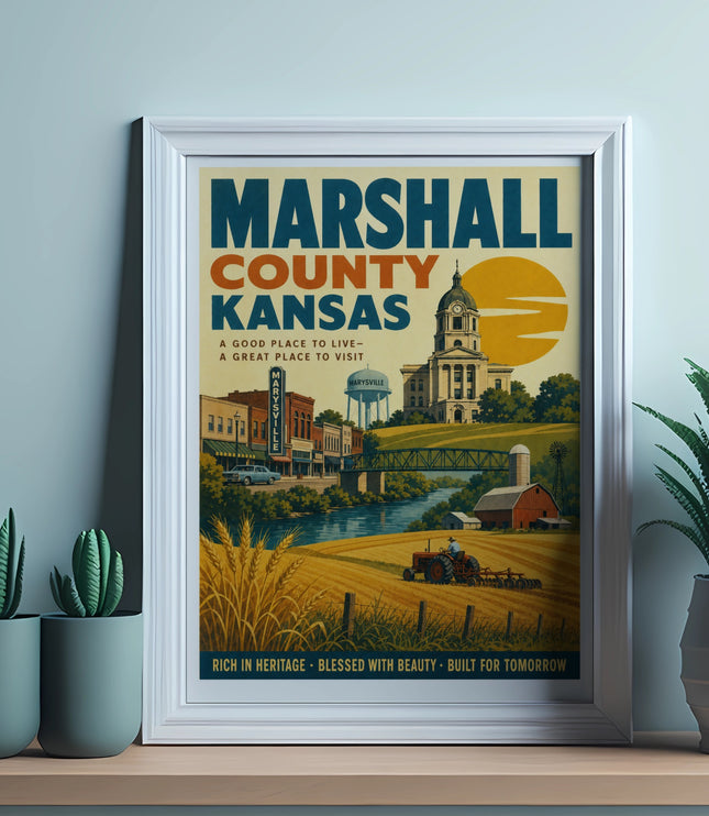 Marshall County Kansas vintage travel poster with town buildings, train, and farm scene.