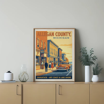 Retro art print for Allegan County, Michigan, depicting Saugatuck with vintage cars and people.