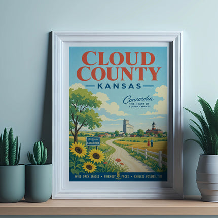 Vintage poster for Cloud County, Kansas, featuring Concordia, sunflowers, and farm scenery.