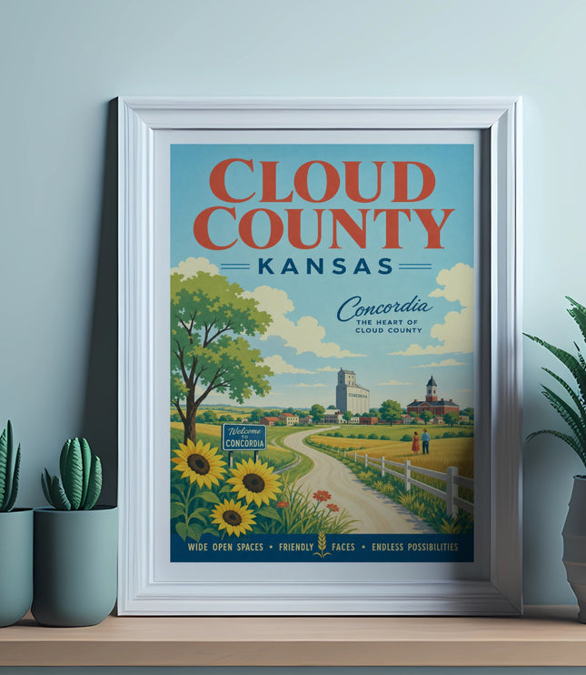 Vintage poster for Cloud County, Kansas, featuring Concordia, sunflowers, and farm scenery.
