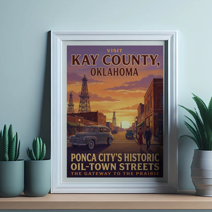 Vintage travel poster for Kay County, Oklahoma, with oil derricks and historic streets.