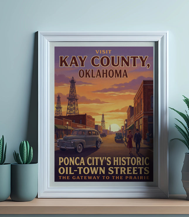 Vintage travel poster for Kay County, Oklahoma, with oil derricks and historic streets.