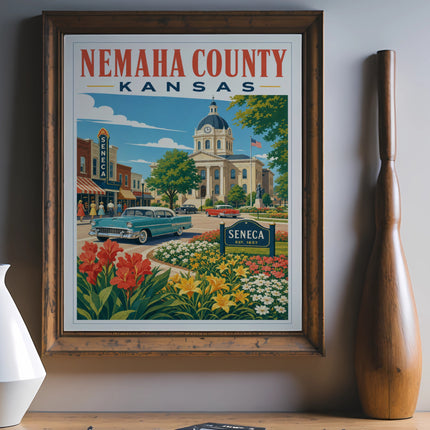 Vintage travel poster for Seneca, Nemaha County, Kansas, featuring town square and flowers.