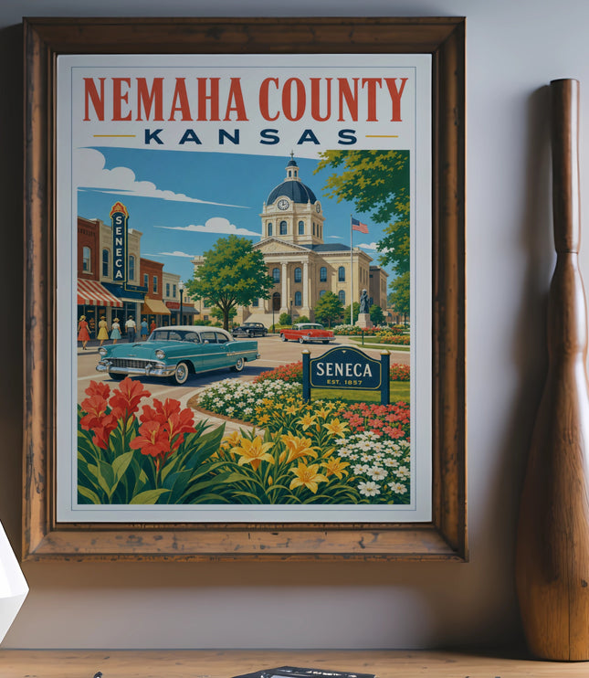 Vintage travel poster for Seneca, Nemaha County, Kansas, featuring town square and flowers.