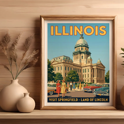 Framed "Illinois" poster with Springfield landmarks and vintage cars.