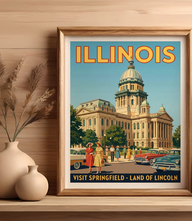 Framed "Illinois" poster with Springfield landmarks and vintage cars.