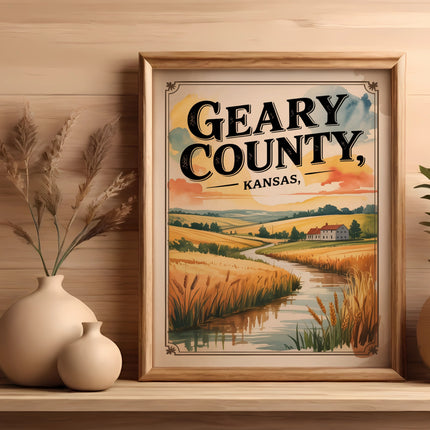 Framed "Geary County, Kansas" landscape print with wheat fields and a winding river.