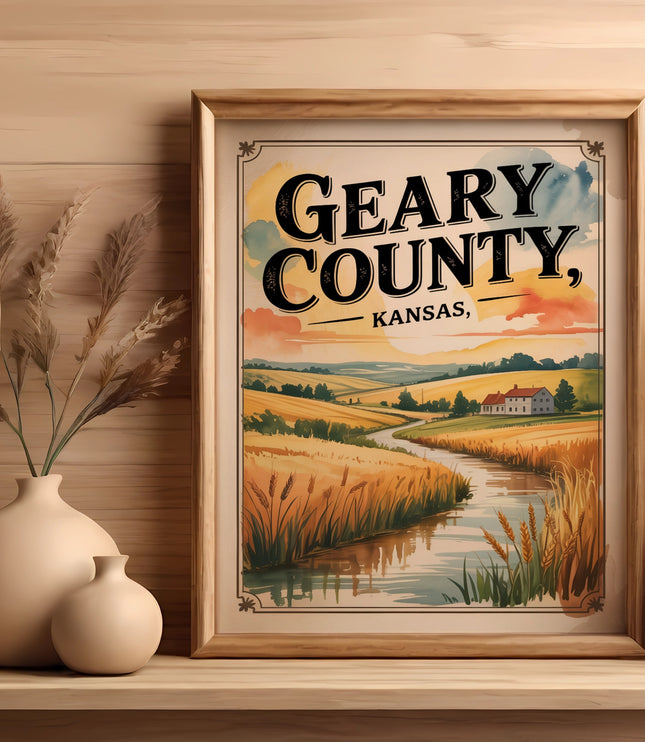 Framed "Geary County, Kansas" landscape print with wheat fields and a winding river.