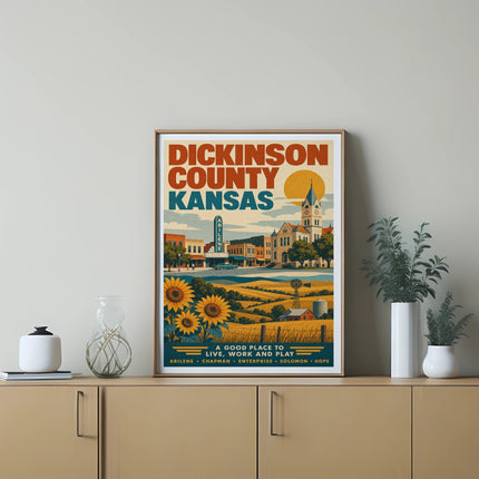 Dickinson County Kansas poster with Abilene and sunflowers.