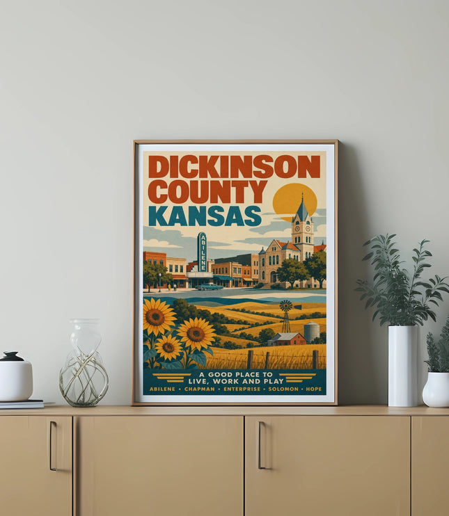 Dickinson County Kansas poster with Abilene and sunflowers.