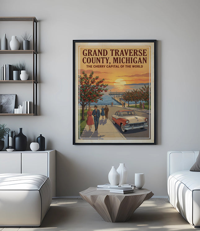 Vintage poster of Grand Traverse County, Michigan with a couple walking by a cherry tree.