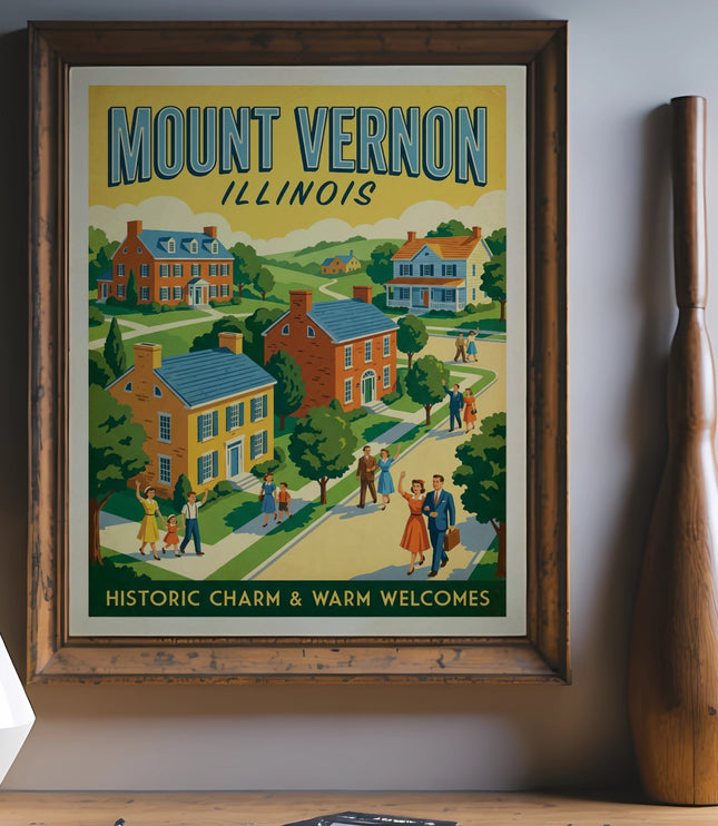 Vintage Mount Vernon Illinois poster with houses, people, and text "HISTORIC CHARM & WARM WELCOMES".