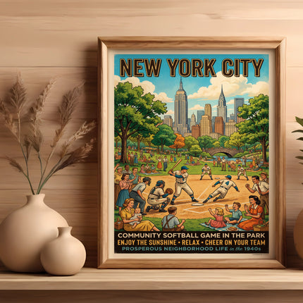 New York City community softball game in the park, 1940s style.