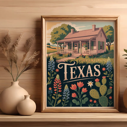 Framed Texas art print with wildflowers and cactus, placed on a wooden shelf.