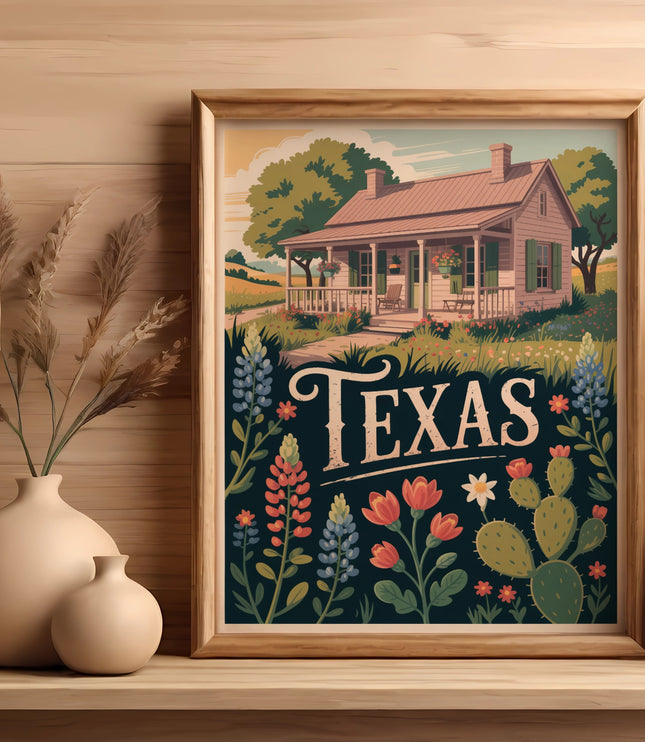 Framed Texas art print with wildflowers and cactus, placed on a wooden shelf.