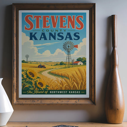 Stevens County Kansas travel poster with sunflowers and windmill.