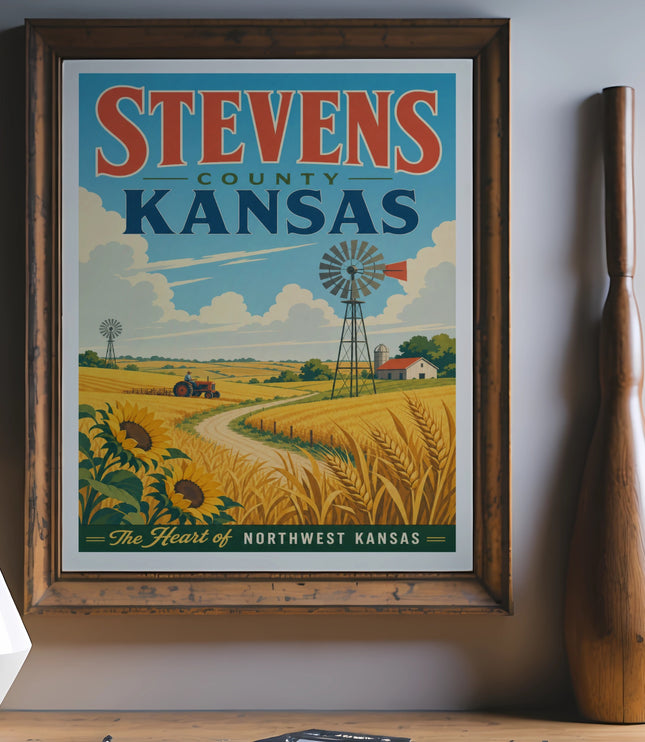 Stevens County Kansas travel poster with sunflowers and windmill.