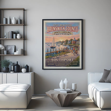 Brunswick County, North Carolina vintage travel poster featuring Southport harbor with sailboats and bicycles.