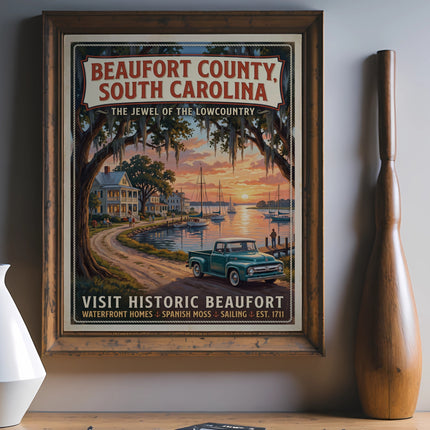 Beaufort County, South Carolina vintage travel poster with a coastal scene.