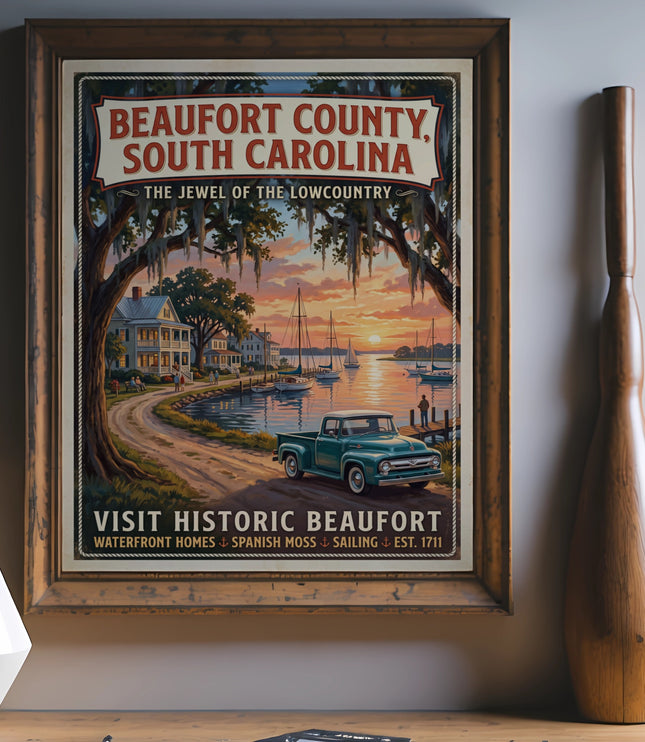 Beaufort County, South Carolina vintage travel poster with a coastal scene.