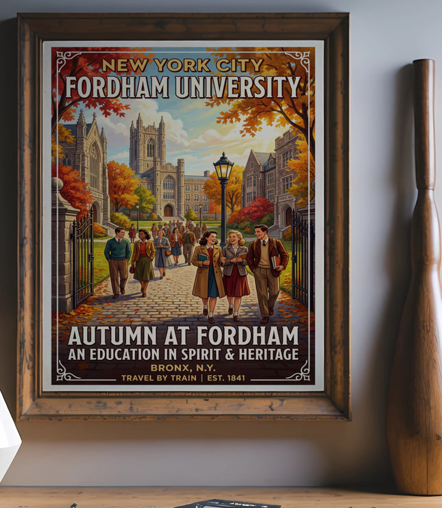 Fordham University vintage travel poster featuring autumn campus scene and students.