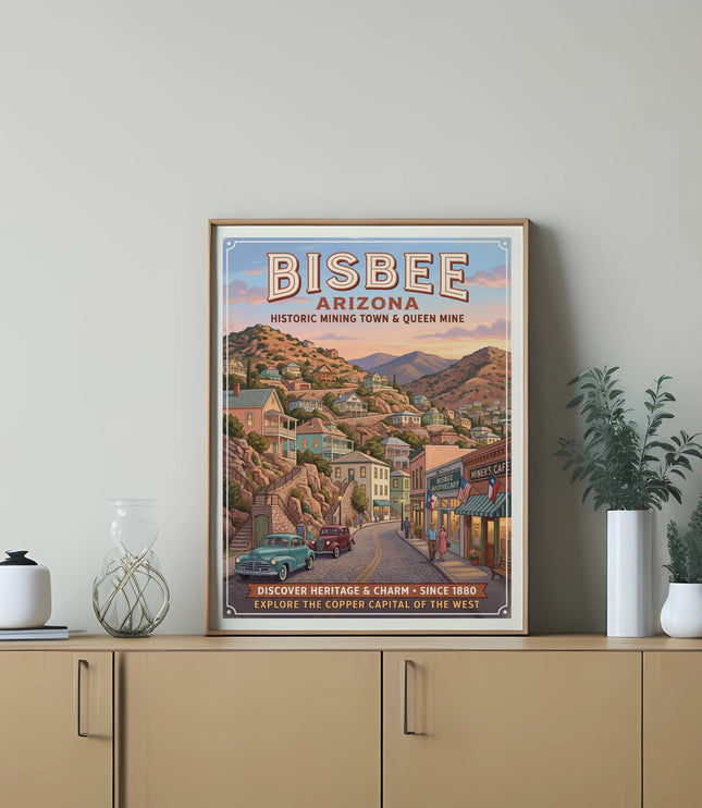 Bisbee Arizona poster showing a vintage town and text about its history.