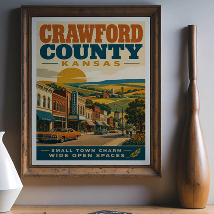 Retro Crawford County, Kansas poster with small town charm and wide open spaces.