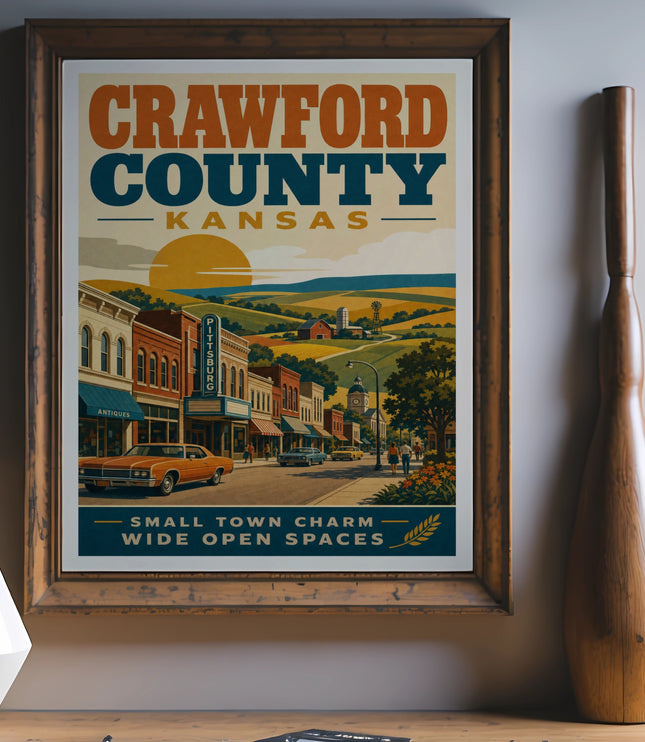 Retro Crawford County, Kansas poster with small town charm and wide open spaces.