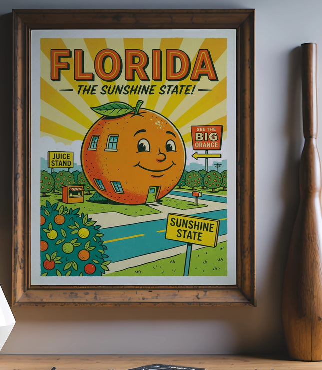 Framed Florida poster with cartoon orange, juice stand, and sunshine-themed text.
