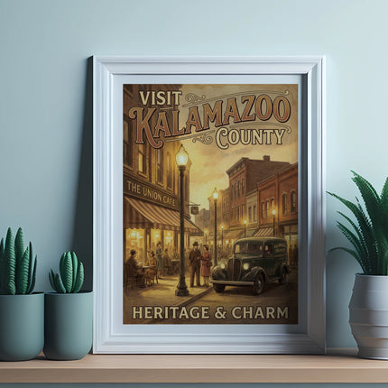 Vintage poster of Kalamazoo County with a street scene and the words "Heritage & Charm".