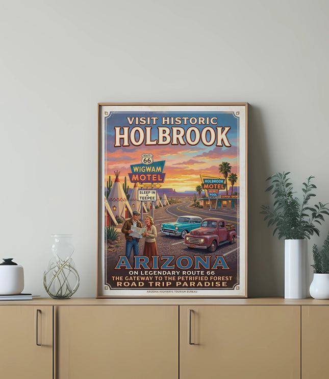 Vintage poster of Holbrook, Arizona on Route 66 with Wigwam Motel and classic cars.