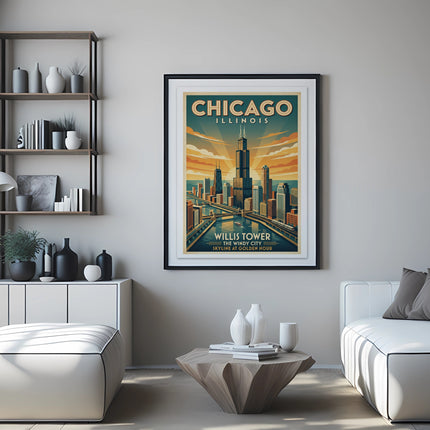 Framed Chicago Willis Tower skyline art at golden hour.