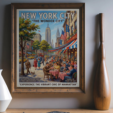 New York City poster with vintage illustration of a busy street scene.