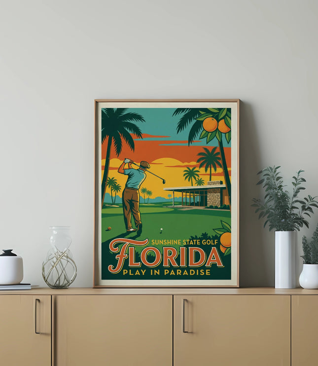 Vintage Florida golf poster with golfer teeing off near palm trees and oranges.