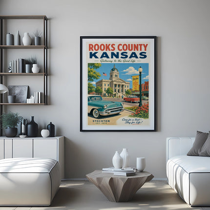Vintage Rooks County, Kansas poster with Stockton and car.
