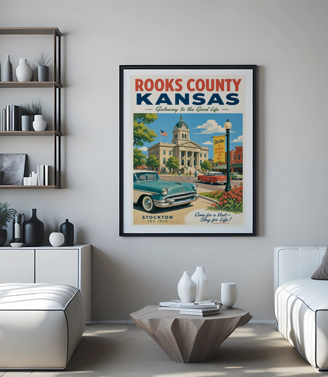 Vintage Rooks County, Kansas poster with Stockton and car.