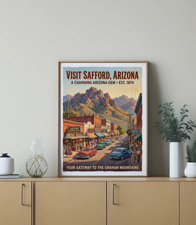 Vintage poster: Visit Safford, Arizona, with cars on a street and Graham Mountains.