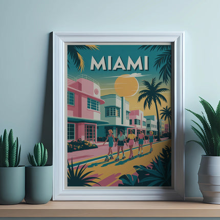 Framed Miami skyline art with palm trees and people rollerblading.