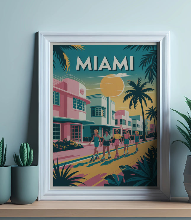 Framed Miami skyline art with palm trees and people rollerblading.