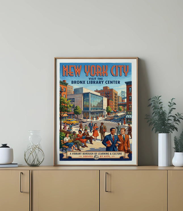 New York City poster with Bronx Library Center, an urban scene, and people.