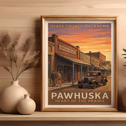 Osage County, Oklahoma poster featuring Pawhuska Mercantile, Rexall Drugs, and a vintage truck.