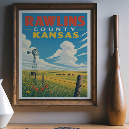 Vintage travel poster for Rawlins County, Kansas, featuring a windmill and horses.