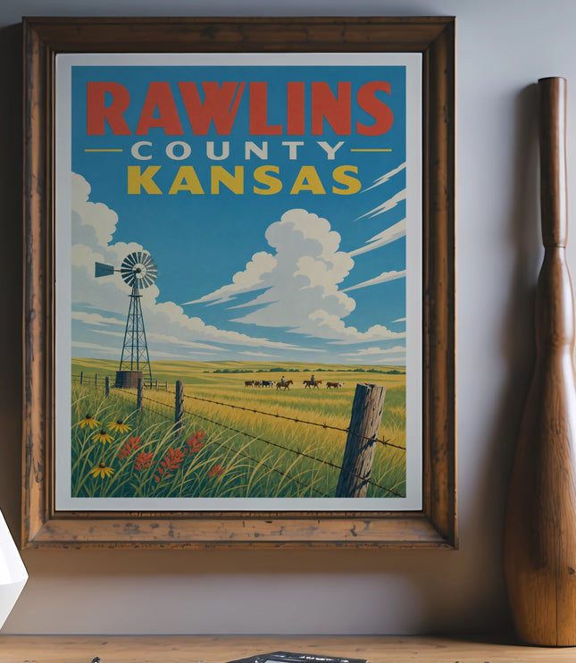 Vintage travel poster for Rawlins County, Kansas, featuring a windmill and horses.