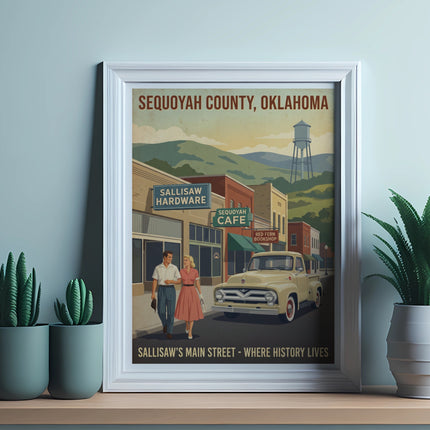 Vintage art print shows Sallisaw Main Street, Oklahoma, with vintage truck, buildings, and couple.